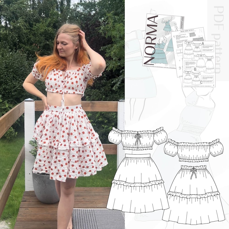 May include: A two-piece outfit featuring a white crop top and a tiered skirt, both adorned with a red polka dot pattern. The outfit is paired with a sewing pattern labeled "NORMA" and a PDF pattern. The outfit is a summer style.