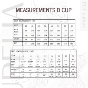 Peut inclure: Un tableau blanc avec du texte noir d&eacute;taillant les mensurations corporelles pour un bonnet D. Le tableau comprend les tailles, le haut du buste, le buste, la taille et les hanches en centim&egrave;tres et en pouces.