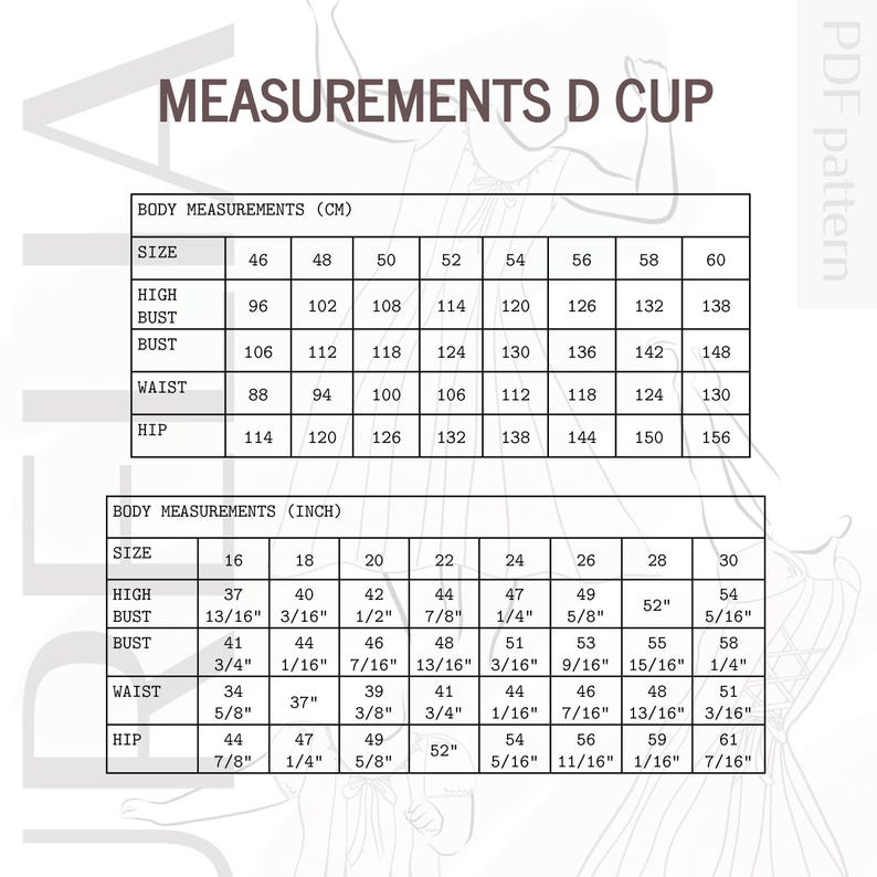 Peut inclure: Un tableau blanc avec du texte noir d&eacute;taillant les mensurations corporelles pour un bonnet D. Le tableau comprend les tailles, le haut du buste, le buste, la taille et les hanches en centim&egrave;tres et en pouces.