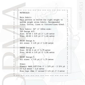 May include: A PDF pattern with materials list for a top, skirt, and dress. The pattern includes fabric requirements in yards and meters, with measurements for various sizes. The main fabric width is 55 inches (140cm).