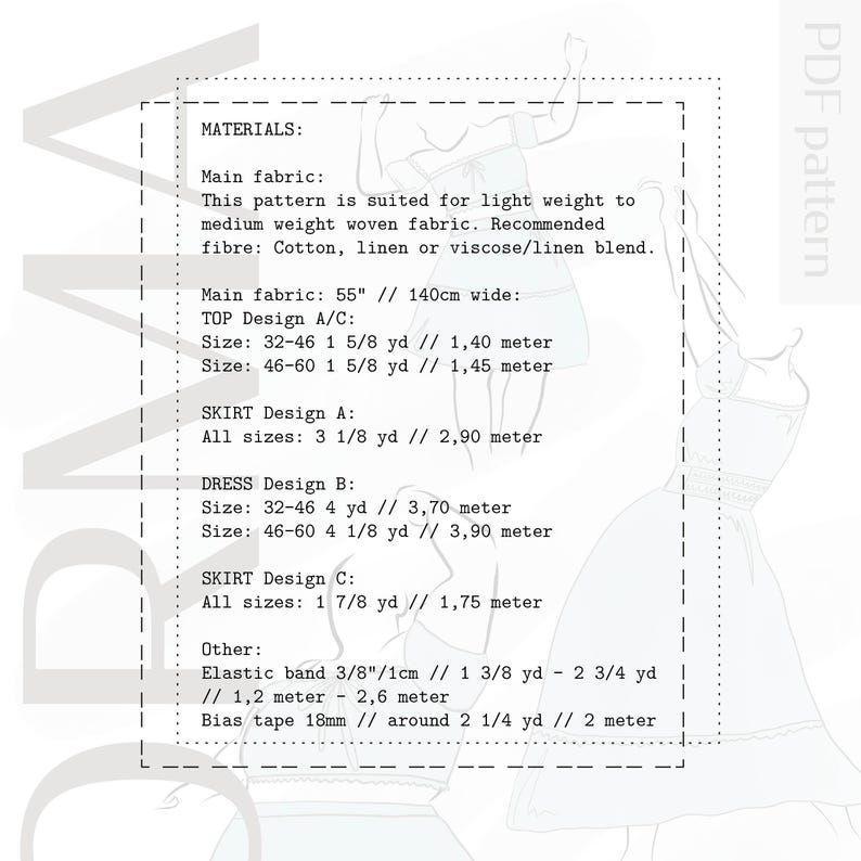 May include: A PDF pattern with materials list for a top, skirt, and dress. The pattern includes fabric requirements in yards and meters, with measurements for various sizes. The main fabric width is 55 inches (140cm).