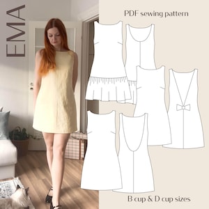 Pode incluir: Uma mulher vestindo um mini vestido amarelo pálido. A imagem também mostra um padrão de costura em PDF com designs de vestidos, incluindo um vestido com bainha com babados e um vestido com detalhe de laço. O texto na imagem diz "EMA" e "PDF sewing pattern".