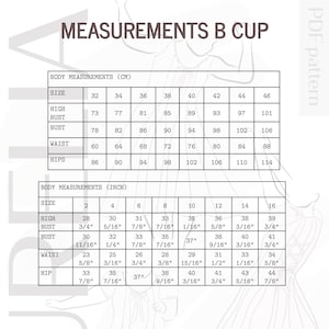 Peut inclure: Un tableau de mesures intitul&eacute; "MEASUREMENTS B CUP" avec des mesures corporelles en centim&egrave;tres et en pouces. Le tableau comprend des tailles de 2 &agrave; 16 pouces et de 32 &agrave; 46 centim&egrave;tres, avec les mesures correspondantes pour le haut du buste, le buste, la taille et les hanches.