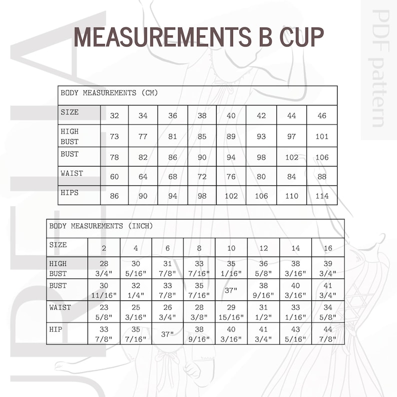 Peut inclure: Un tableau de mesures intitul&eacute; "MEASUREMENTS B CUP" avec des mesures corporelles en centim&egrave;tres et en pouces. Le tableau comprend des tailles de 2 &agrave; 16 pouces et de 32 &agrave; 46 centim&egrave;tres, avec les mesures correspondantes pour le haut du buste, le buste, la taille et les hanches.