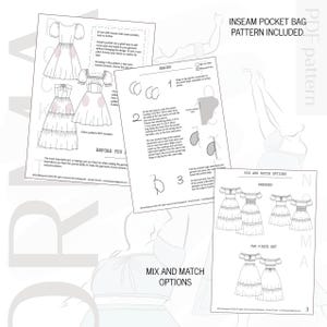 May include: A collection of sewing pattern instructions and dress design illustrations. The pages include diagrams for sewing techniques, dress variations, and the text "INSEAM POCKET BAG PATTERN INCLUDED."