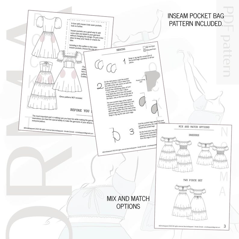 May include: A collection of sewing pattern instructions and dress design illustrations. The pages include diagrams for sewing techniques, dress variations, and the text "INSEAM POCKET BAG PATTERN INCLUDED."