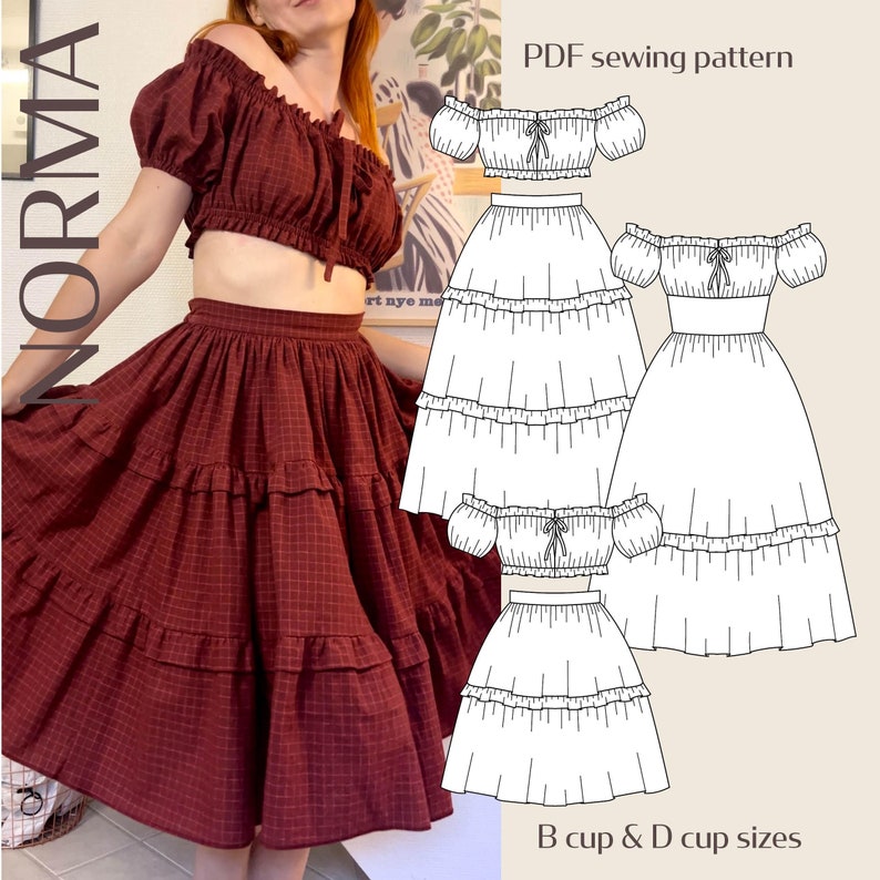 May include: A burgundy off-the-shoulder crop top and tiered skirt set with a plaid pattern. The image also shows a PDF sewing pattern of the same outfit. The text on the image reads "NORMA", "PDF sewing pattern", and "B cup & D cup sizes".