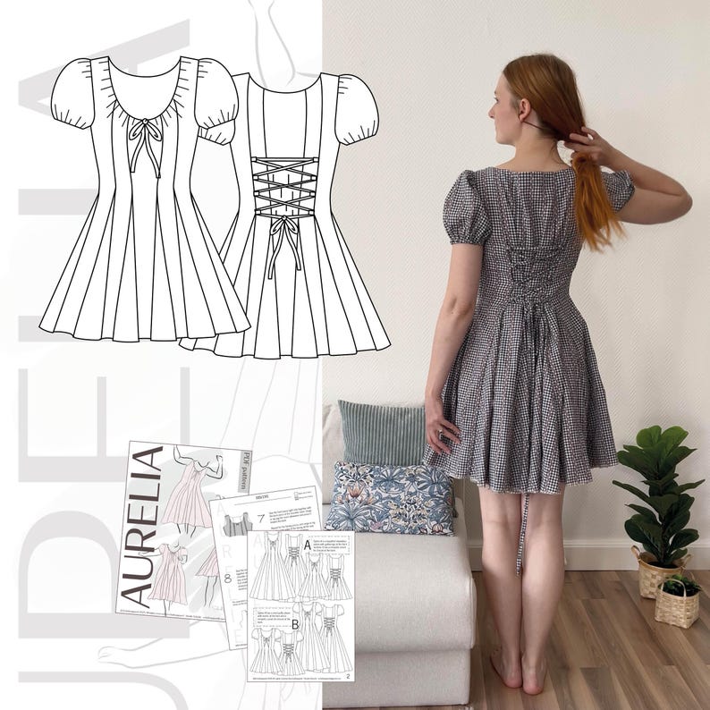 Peut inclure: Une robe &agrave; carreaux noirs et blancs avec des manches bouffantes et un dos lac&eacute;. L'image montre &eacute;galement un patron de couture et une personne portant la robe. Le patron est intitul&eacute; "AURELIA".