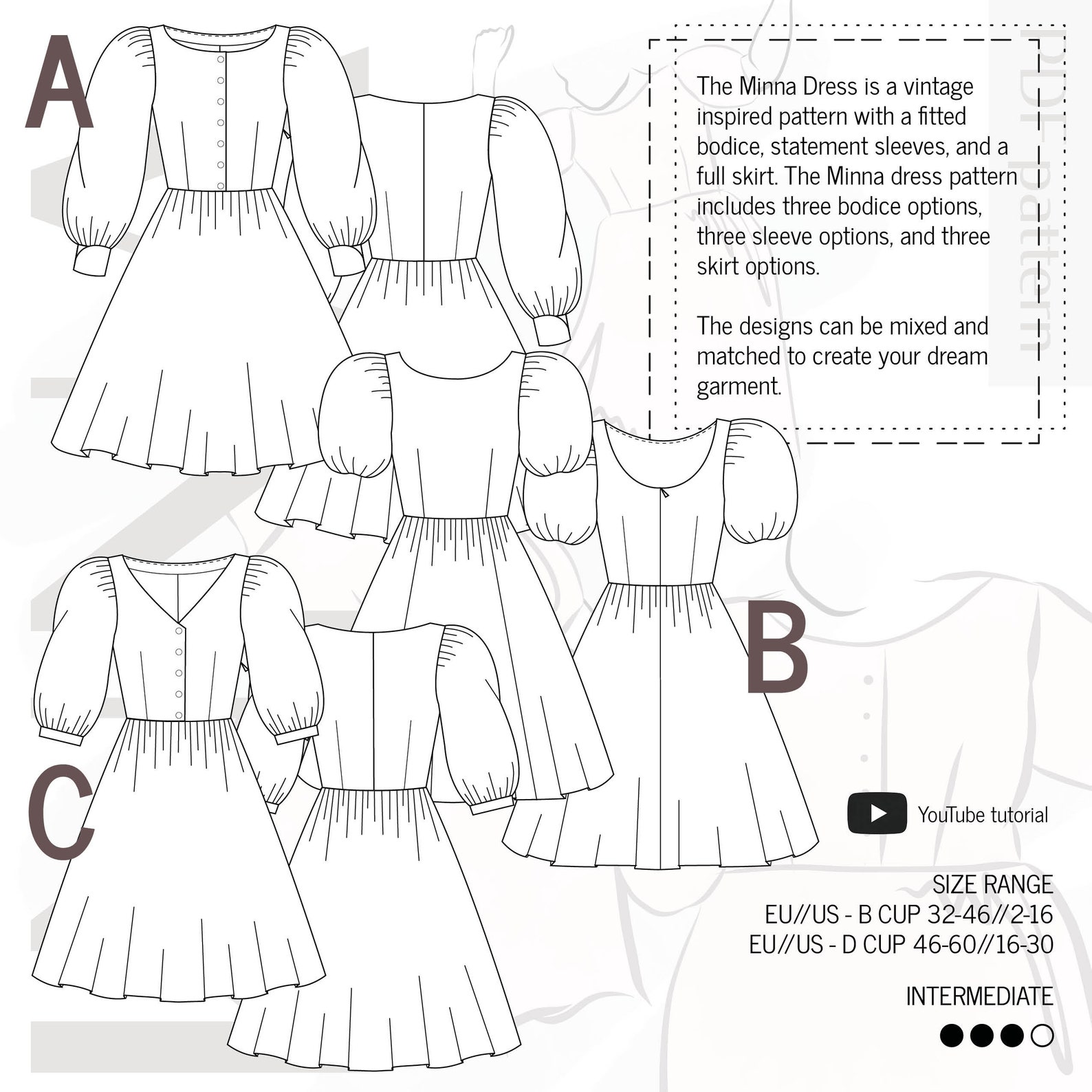 Minna Vintage Inspired Dress With Puff Sleeve Digital PDF Sewing