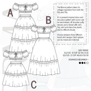 May include: Line drawing of a peasant-inspired dress and two-piece pattern with off-shoulder puffy sleeves and tiered ruffle skirt. The design includes three skirt options, with elastic and no difficult closure. The text says "Norma pattern" and "Advanced Beginner +"
