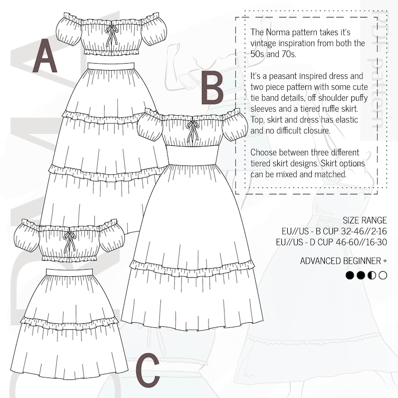 May include: Line drawing of a peasant-inspired dress and two-piece pattern with off-shoulder puffy sleeves and tiered ruffle skirt. The design includes three skirt options, with elastic and no difficult closure. The text says "Norma pattern" and "Advanced Beginner +"
