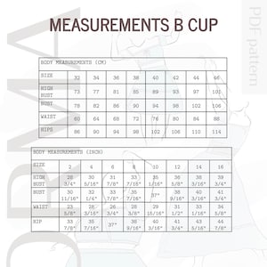 May include: A chart with body measurements for a B cup, in both centimeters and inches. The chart includes sizes, high bust, bust, waist, and hip measurements. The text "MEASUREMENTS B CUP" is at the top.