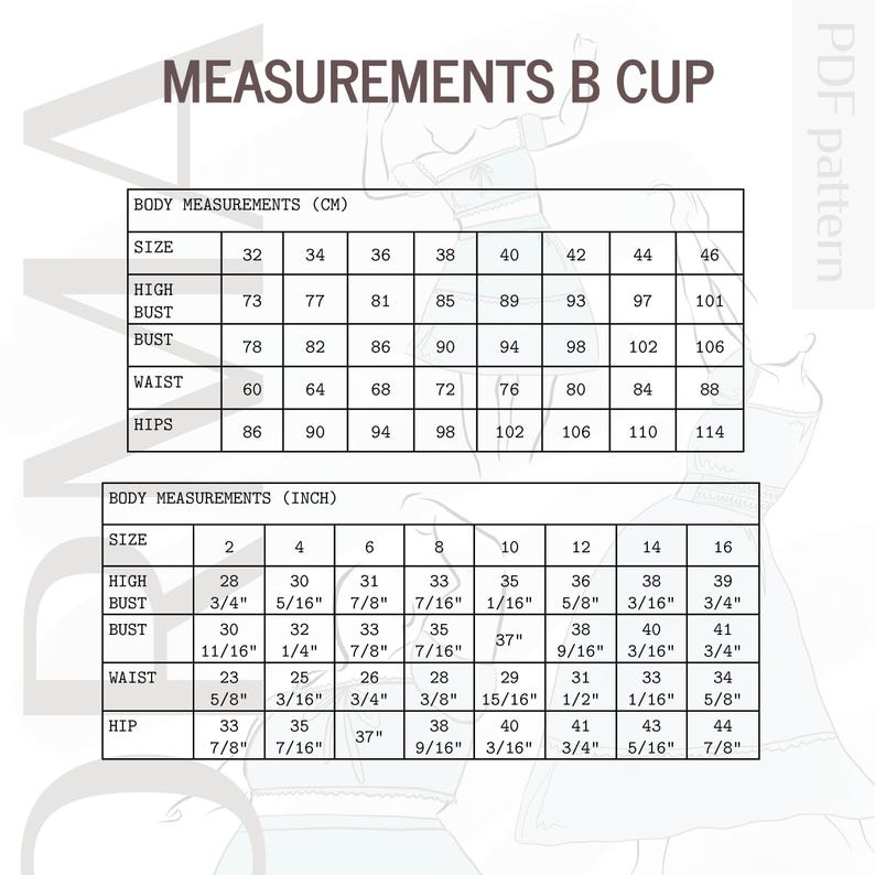May include: A chart with body measurements for a B cup, in both centimeters and inches. The chart includes sizes, high bust, bust, waist, and hip measurements. The text "MEASUREMENTS B CUP" is at the top.