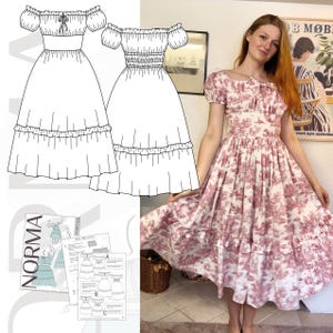 May include: A red and white patterned dress with an off-the-shoulder neckline and a tiered skirt. The dress features a fitted bodice and short sleeves. A sewing pattern with the name "Norma" is visible in the image, along with dress illustrations.