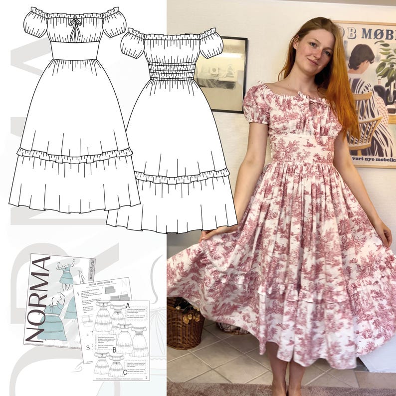May include: A red and white patterned dress with an off-the-shoulder neckline and a tiered skirt. The dress features a fitted bodice and short sleeves. A sewing pattern with the name "Norma" is visible in the image, along with dress illustrations.