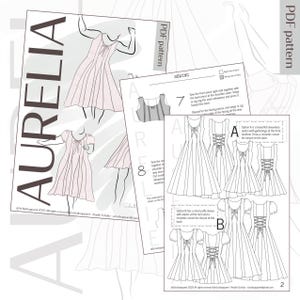 Peut inclure: Plusieurs feuilles de patrons de couture pr&eacute;sentant des mod&egrave;les de robes. La feuille principale affiche le nom "AURELIA". Les mod&egrave;les incluent des robes avec des dos de style corset et des d&eacute;tails de n&oelig;uds. Des instructions et des sch&eacute;mas sont &eacute;galement inclus.