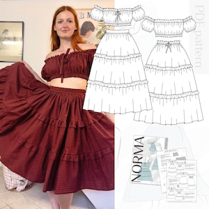 May include: A burgundy off-the-shoulder crop top and tiered skirt set. The outfit has a gingham pattern. A PDF pattern for a similar outfit is also shown. The pattern is labeled "Norma".