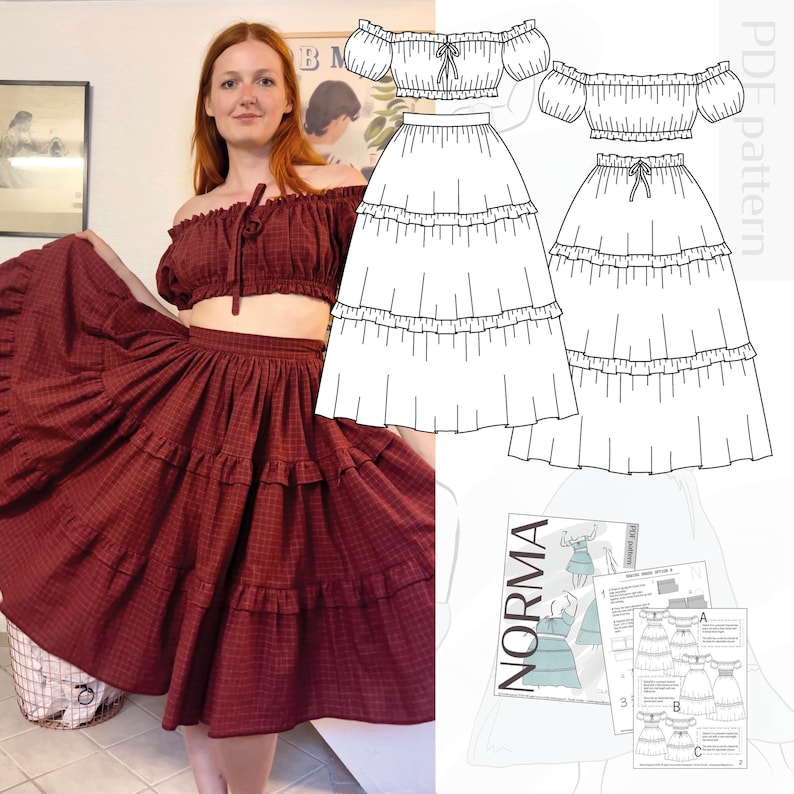 May include: A burgundy off-the-shoulder crop top and tiered skirt set. The outfit has a gingham pattern. A PDF pattern for a similar outfit is also shown. The pattern is labeled "Norma".