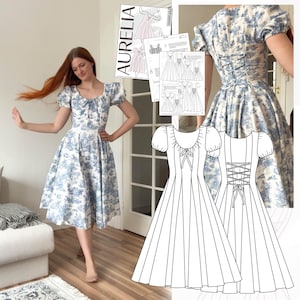 Peut inclure: Une robe imprim&eacute;e toile de Jouy bleue et blanche avec des manches bouffantes et un n&oelig;ud. La robe pr&eacute;sente un dos corset et est associ&eacute;e &agrave; un patron de couture intitul&eacute; "AURELIA". La robe arrive au genou et a une encolure arrondie.