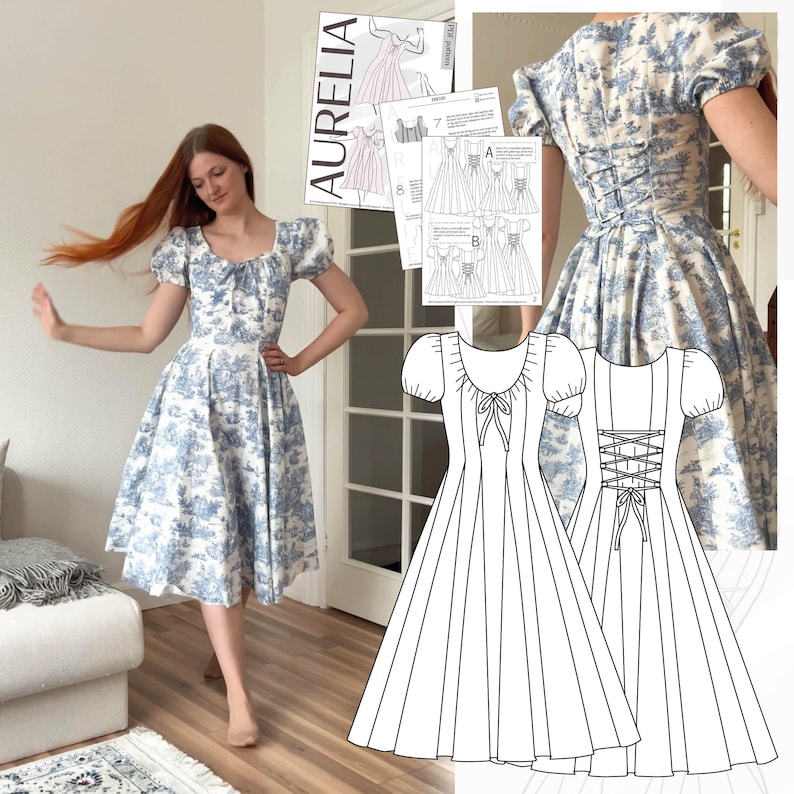 Peut inclure: Une robe imprim&eacute;e toile de Jouy bleue et blanche avec des manches bouffantes et un n&oelig;ud. La robe pr&eacute;sente un dos corset et est associ&eacute;e &agrave; un patron de couture intitul&eacute; "AURELIA". La robe arrive au genou et a une encolure arrondie.