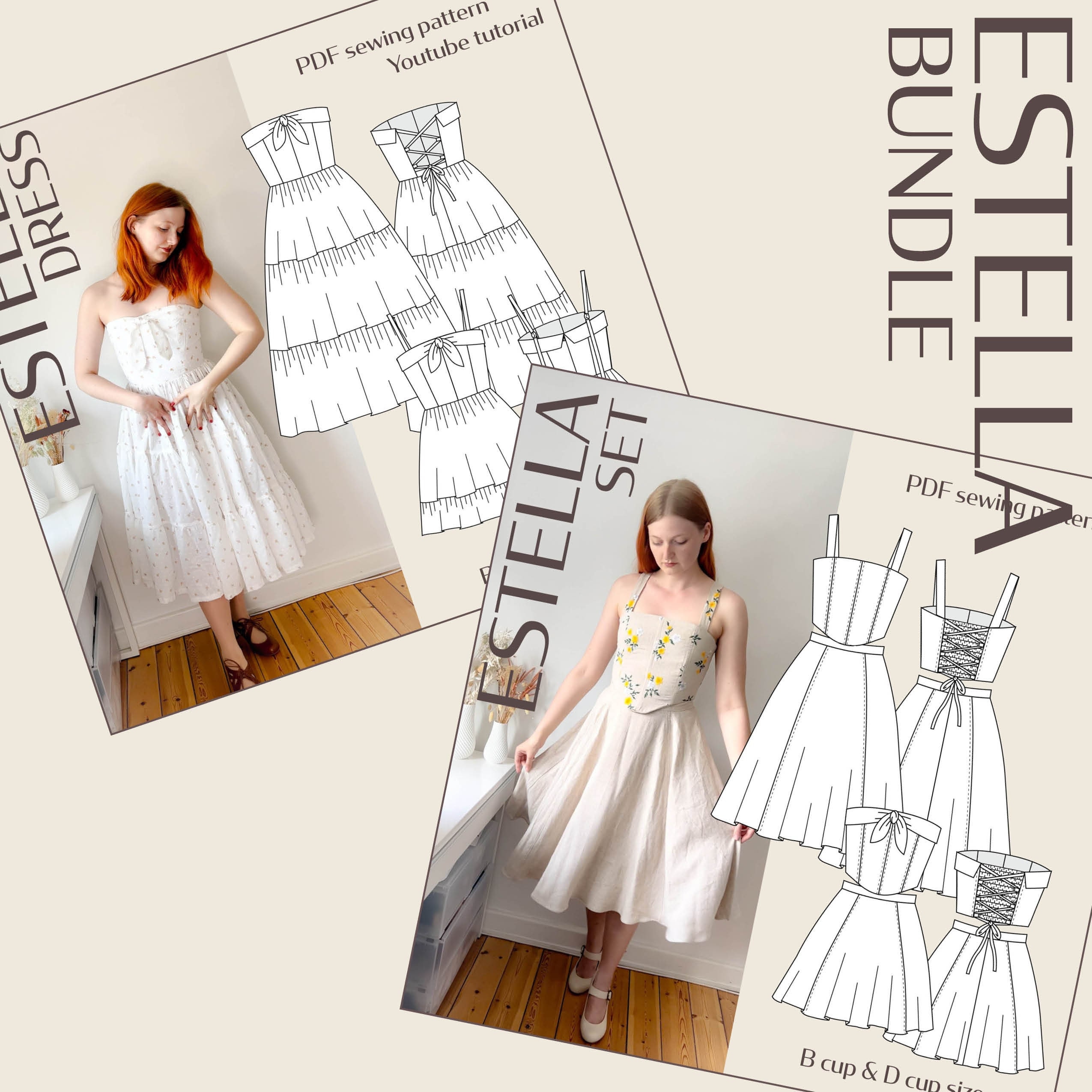 Estella Cottage core Dress and Estella Corset Set Digital PDF Sewing Pattern // / EU 32-60 US 2-30 // Instant Download Pattern Bundle