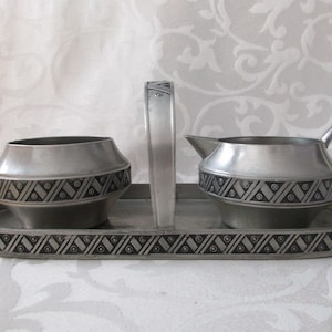 Vintage HAGNESS CREAMER SET - Pewter set with sugar bowl on tray - Made in Norway tinn