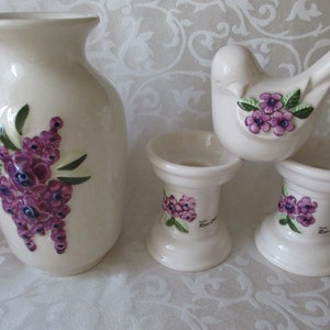 4 pc ROSA LJUNG SET  Small bird Candle holders Vase  Purple floral decor ceramic  Deco keramik Sweden vintage