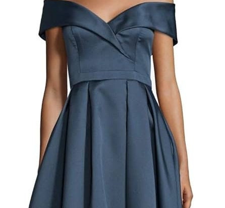 NWD  XSCAPE  12  Blue portrait collar off shoulder dress ball gown with pockets and tulle lining 50s style prom dress