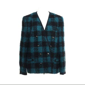 Vintage BASLER BOUCLE BLAZER Large De 44 Teal blauw zwarte wollen mohairmix jas jaren 80