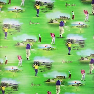 May include: A green and white wrapping paper with a repeating pattern of golfers on a golf course. The text "for you" is repeated throughout the pattern.