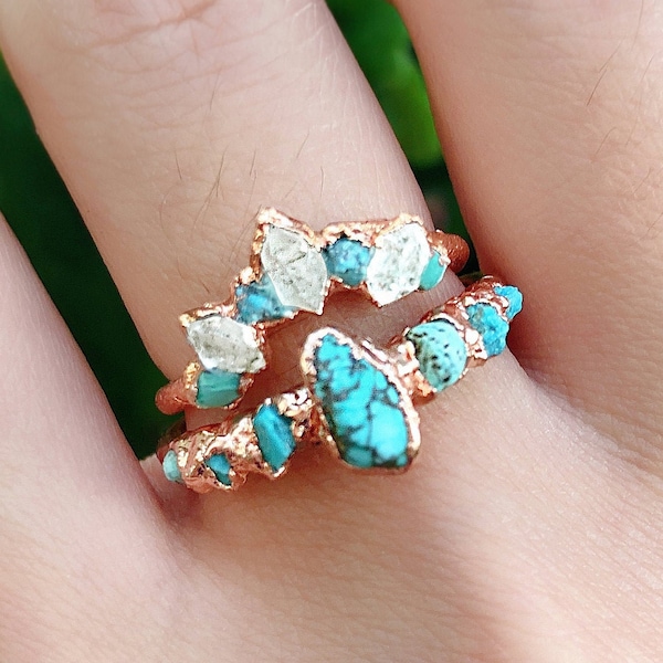 Raw Turquoise Engagement Ring, 14k Gold Raw Blue Turquoise Ring, Boho Rings, Raw Diamond Wedding Ring, Raw Herkimer Diamond Ring