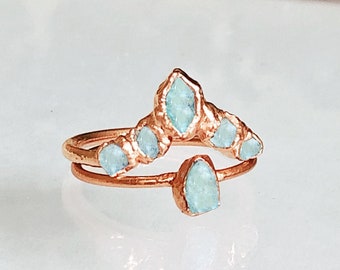 Raw Aquamarine Ring Set for Women, Alternative Aquamarine Engagement Ring, Statement Rings, Raw Aquamarine Jewelry, March Birthstone