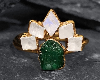 Raw Emerald Engagement Ring, Raw Moonstone Ring, Raw Stone Engagement Ring, Raw Gemstone Ring, Raw Stone Ring