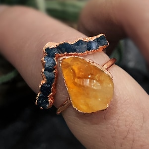 Raw Sapphire Engagement Ring set, Raw Citrine Engagement Ring, Raw Stone Ring For Woman, Raw gemstone Ring, Curved Sapphire Stacking Ring