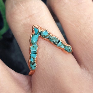 Raw Turquoise Ring for Women, V-shaped Blue Turquoise Engagement Ring, Turquoise Wedding Ring Band, Turquoise Stackable Ring,