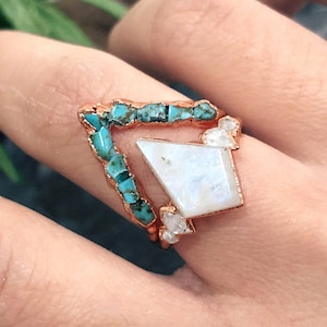 Turquoise Engagement Ring, Raw Blue Turquoise Engagement Rings, Raw Stone Rings, Raw Gemstone Engagement Ring, Moonstone Engagement Ring