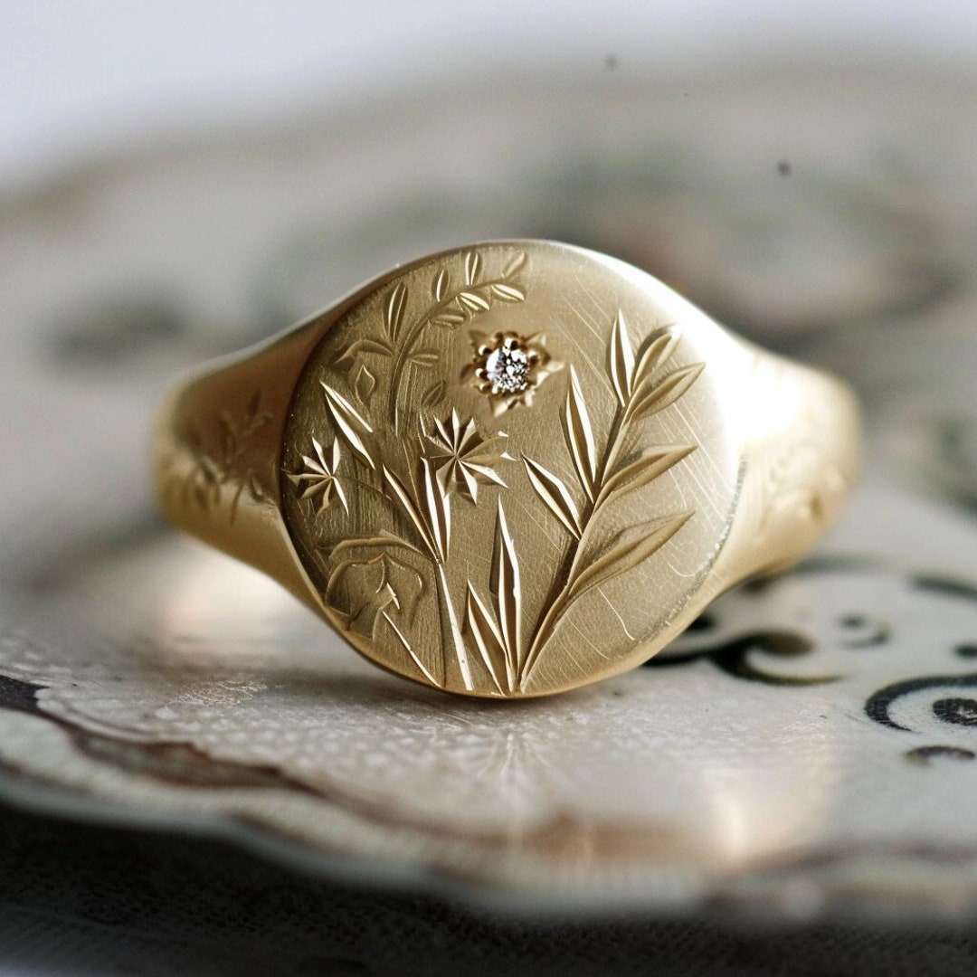 Solid Gold Diamond Signet Ring Leaf Signet Ring Signet Diamond Ring 