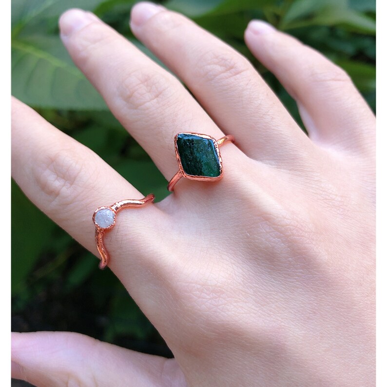 Raw Emerald Organic Diamond Ring Set Raw Diamond Ring Raw | Etsy