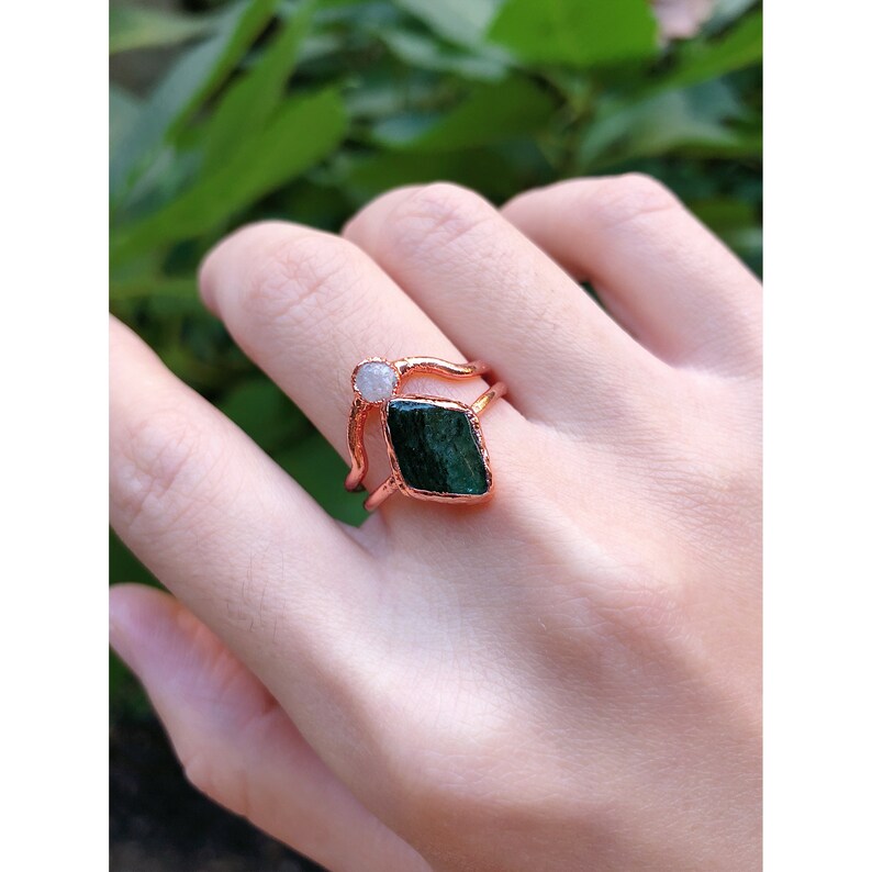 Raw Emerald Organic Diamond Ring Set Raw Diamond Ring Raw | Etsy