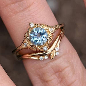 Aquamarine wedding ring set, Aquamarine Ring for Women, Birthstone Engagement Ring, Natural Aquamarine Ring, Raw Aquamarine Ring