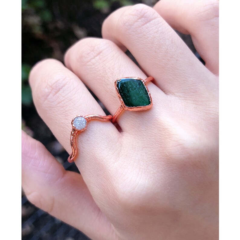 Raw Emerald Organic Diamond Ring Set Raw Diamond Ring Raw | Etsy