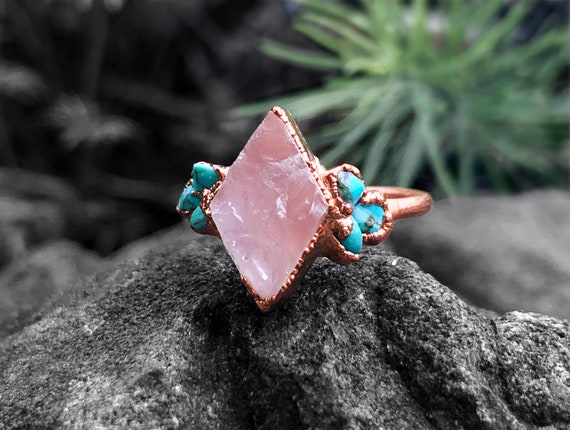 Raw Rose Quartz Engagement Ring for Woman Raw Turquoise Ring Raw