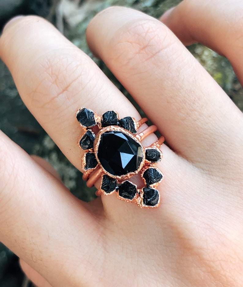 Boho Hippie Black Tourmaline Engagement Ring Set Raw Black Etsy