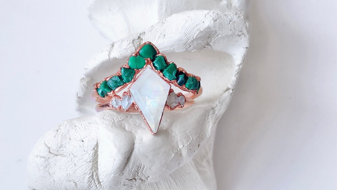 Raw Malachite Engagement Rings Raw Moonstone Engagement Etsy