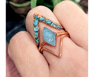 Raw Turquoise Ring, Raw Aquamarine Ring, Raw Stone Ring For Woman, Raw Gemstone Ring, Rough Stone Ring, Raw Stone Engagement Ring Set