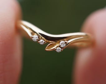 14k Gold Wedding Ring, Diamond Wedding band, Diamond Wedding Band, Tree branch Ring, Twig Wedding Matching Ring, Leafy twig ring