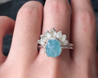 Raw Aquamarine Engagement Ring for Women, Raw Herkimer Ring, Raw Stone Engagement Ring, Raw Diamond Ring, Raw Gemstone Ring