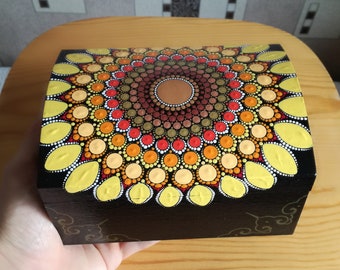 Sunflower Mandala Dotting Wooden Box, Hand Painted Jewelry Box by MandalataBG