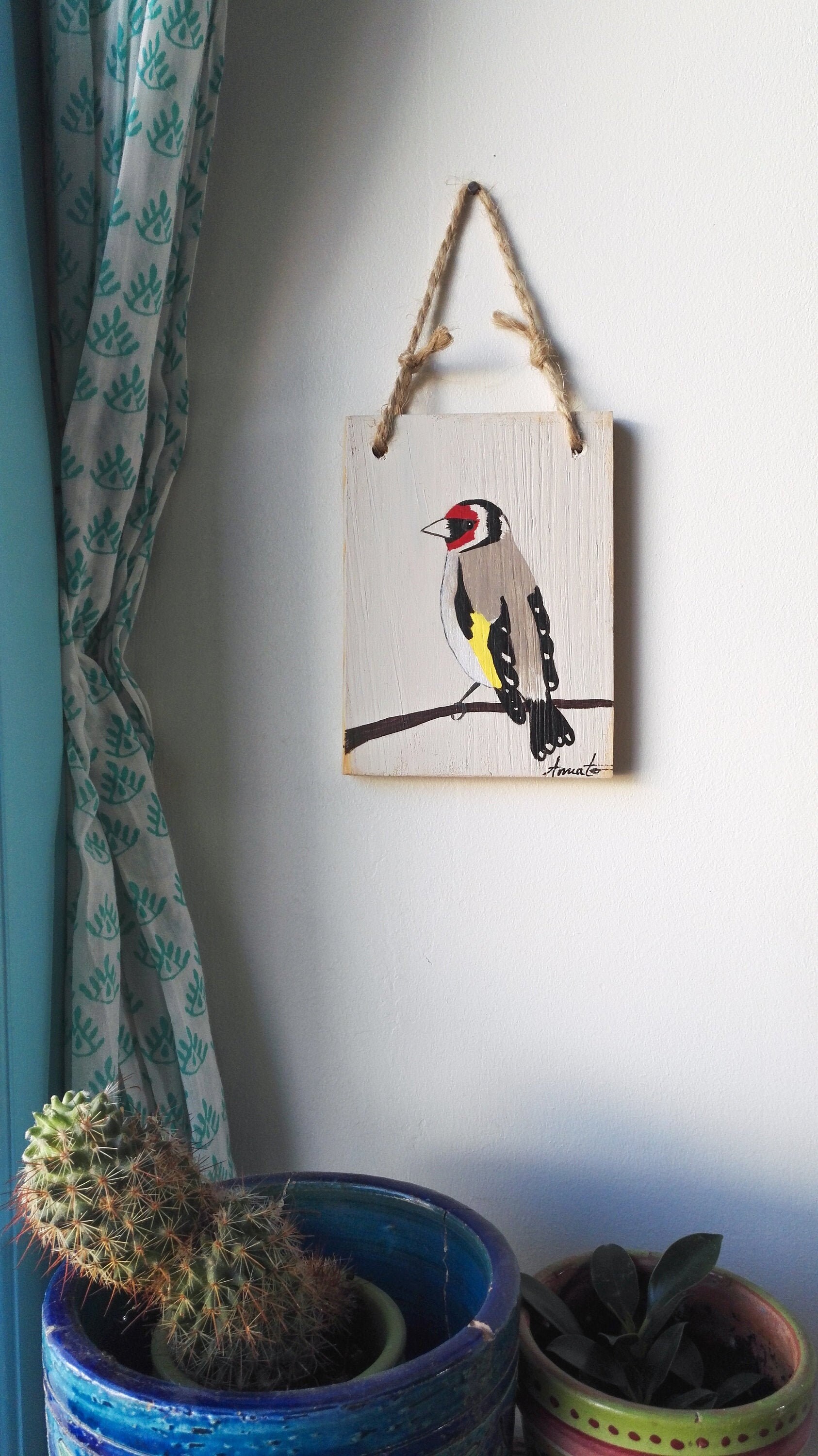 Tableau Peinture Chardonneret Élégant sur Bois Recyclé