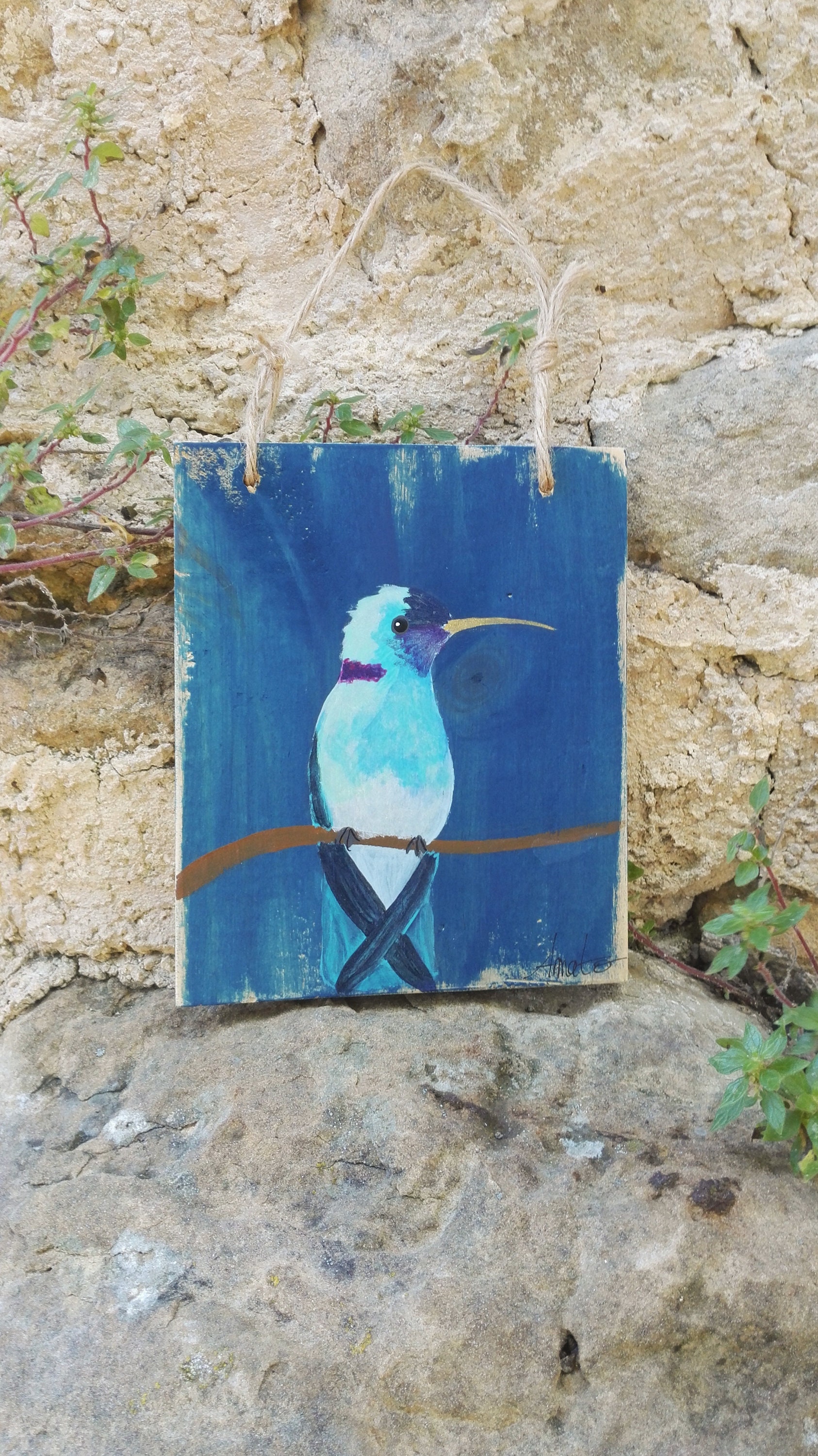 Mini Tableau Peinture sur Bois Oiseau Exotique Colibri